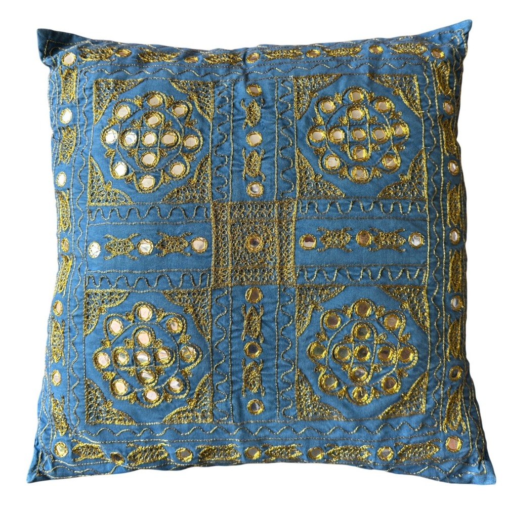 Bohemian Blue Gold Embroidered Shisha Mirror Square Throw Pillow 15x15